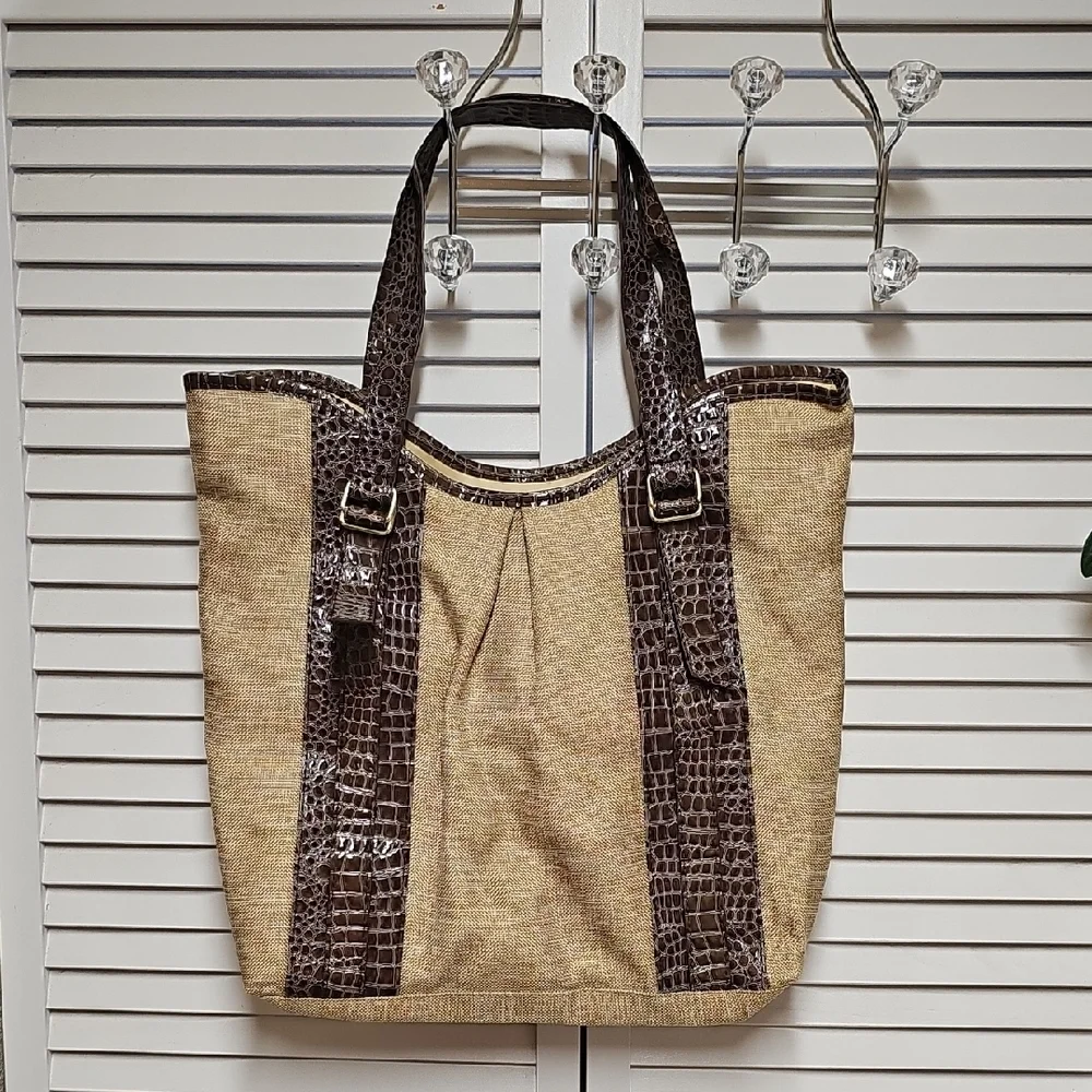 Vintage Estee Lauder Beige Canvas Tote with Brown Croc-Embossed Trim
